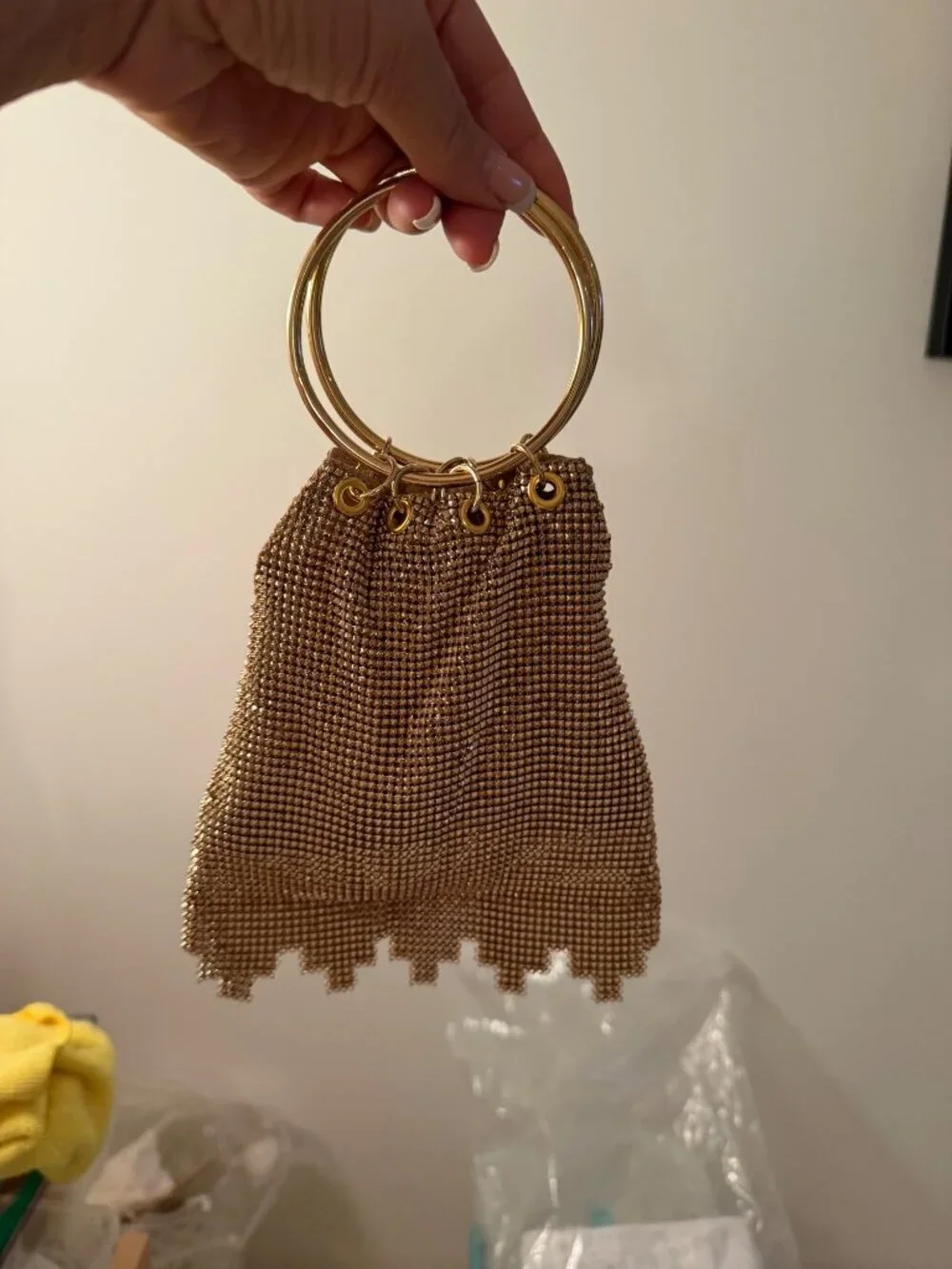 Whiting & Davis Womens Gold Mesh Evening Bag Ring Handles Ruffled Fringe Vintage